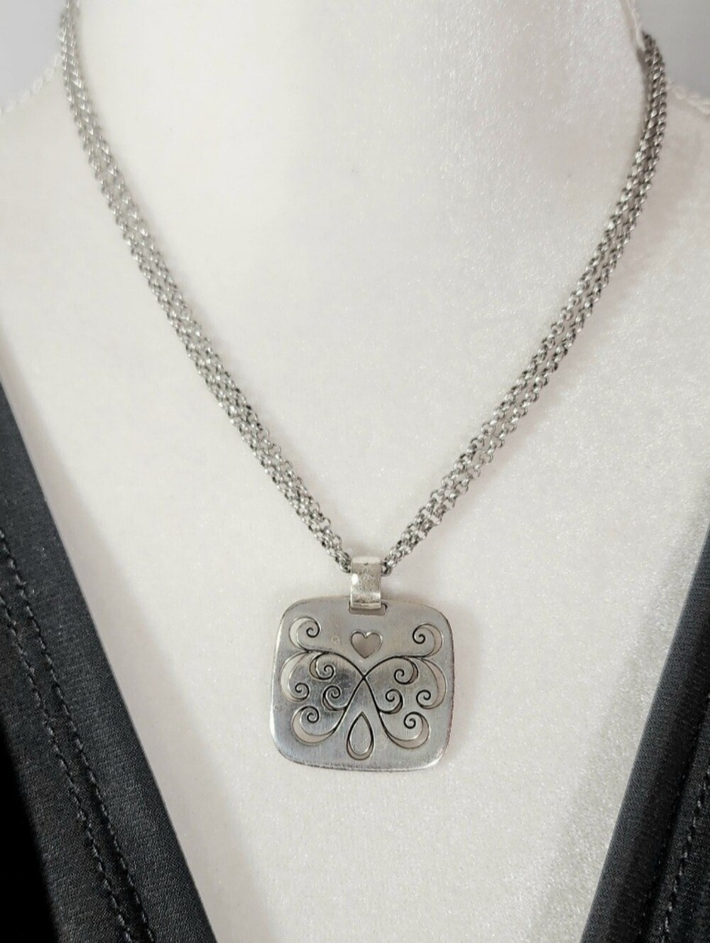 Brighton Silver Square Filigree Heart Pendant Multi Strand Necklace.